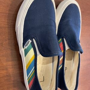 Vans slip on navy w coloured stripes women’s 7